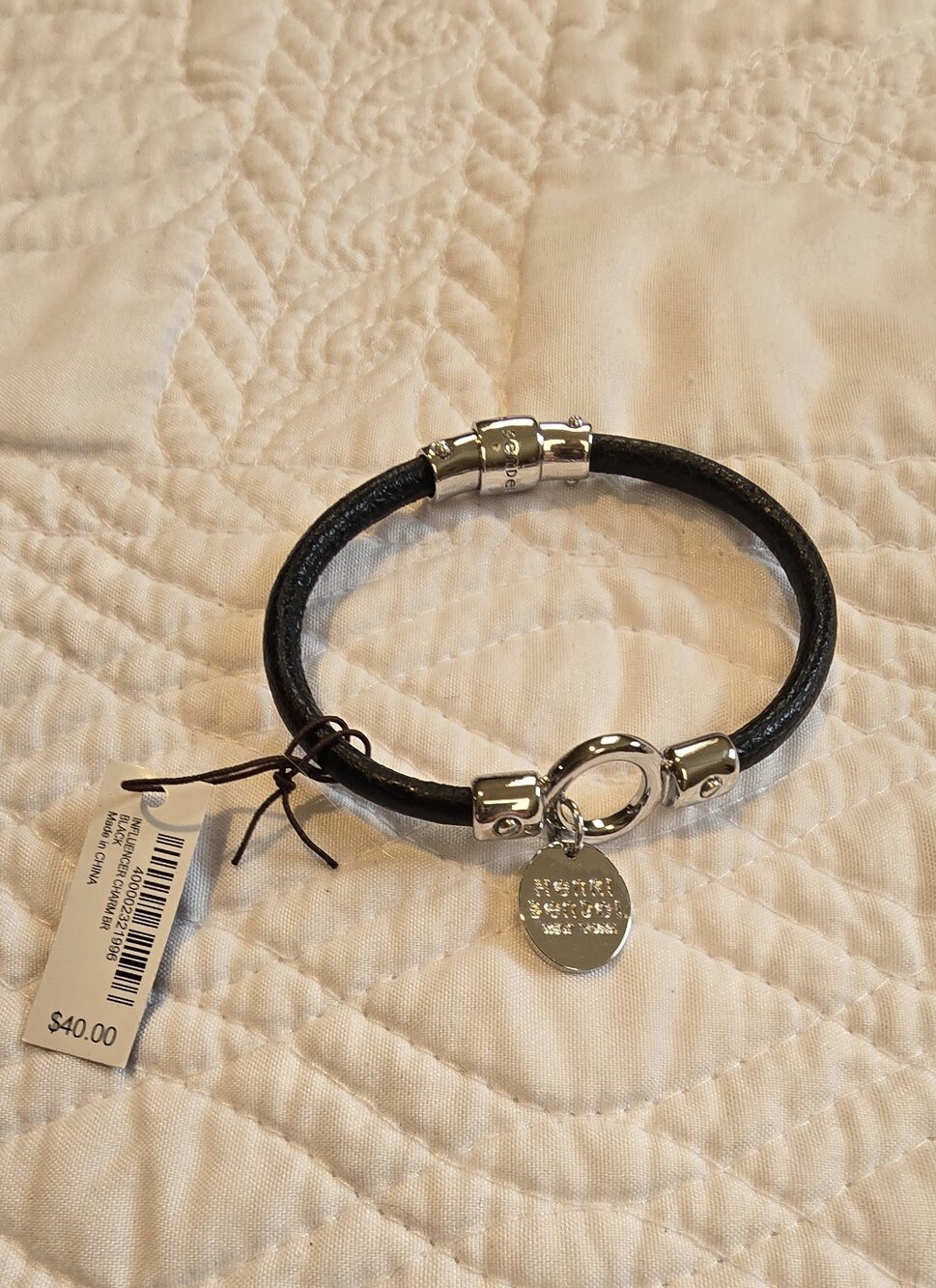 henri bendel Inflencer Charm Black Leather Bracelet with Silver Charm